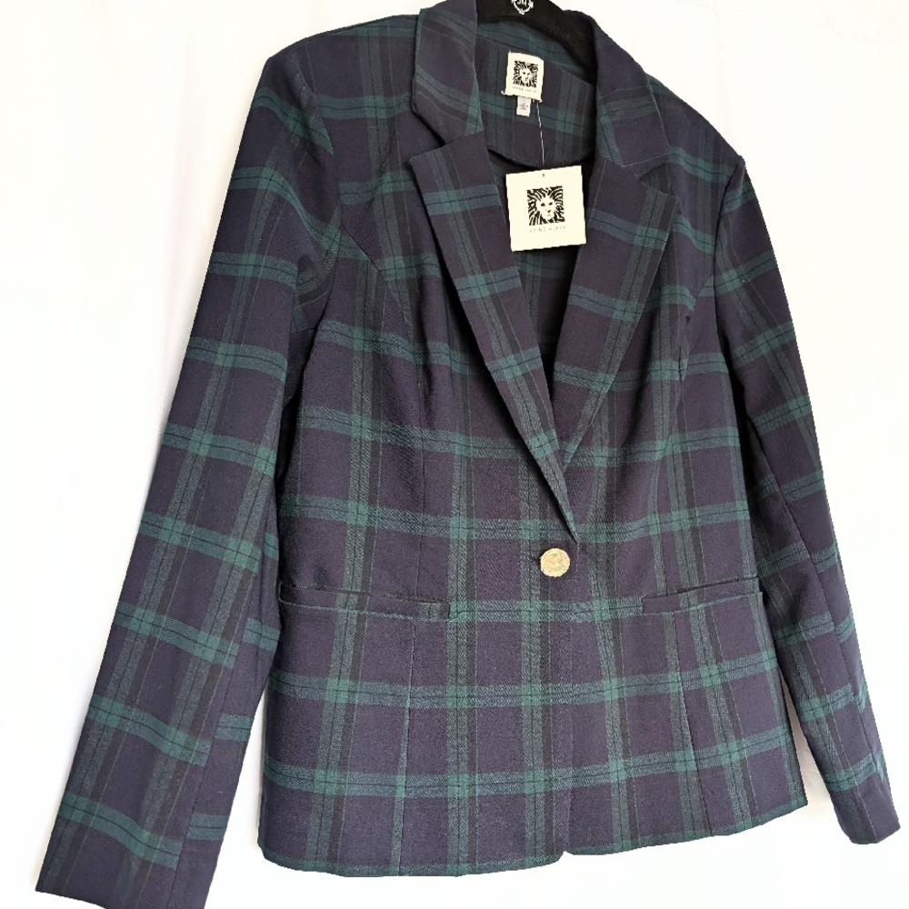 Anne Klein Hunter Green & Navy Blue Plaid Blazer - Large